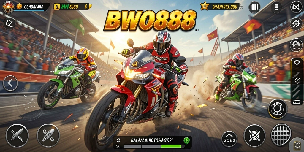 Tampilan gameplay BWO888 yang mendebarkan dengan motor balap di lintasan.