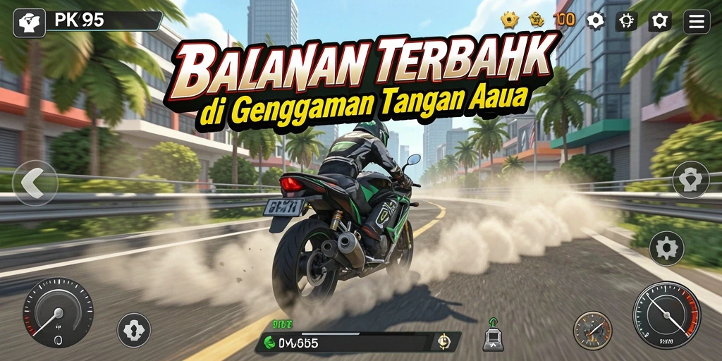 Screenshot PK95 menampilkan aksi balapan motor yang mendebarkan.