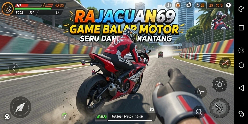 Tampilan gameplay RAJACUAN69 menampilkan balapan motor yang mendebarkan.