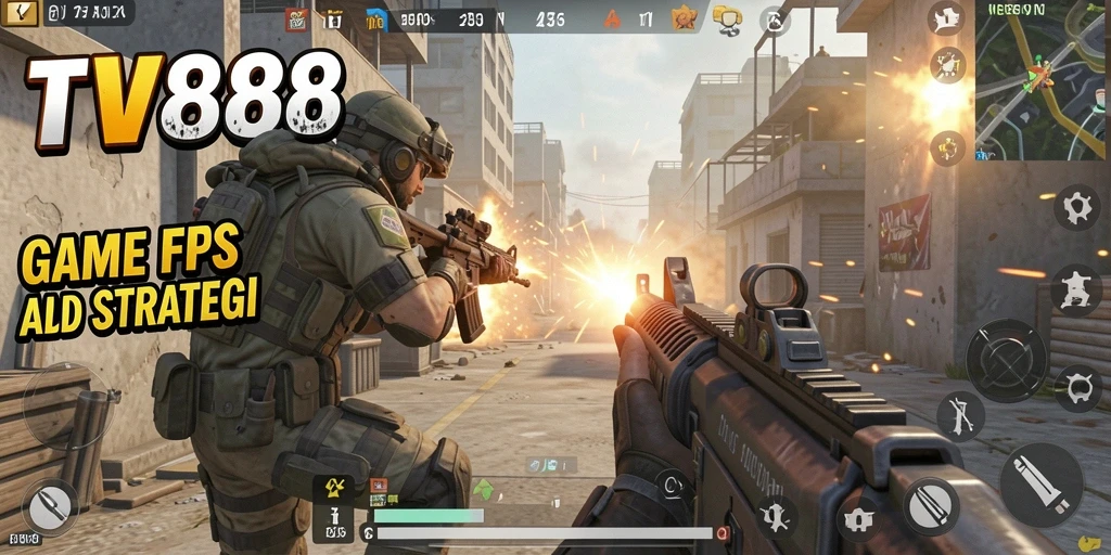 Tampilan gameplay mendebarkan di TV888, penuh aksi tembak-menembak.
