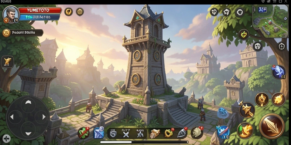 Tangkapan layar gameplay YUMETOTO dengan menara bertahan melawan gelombang musuh.